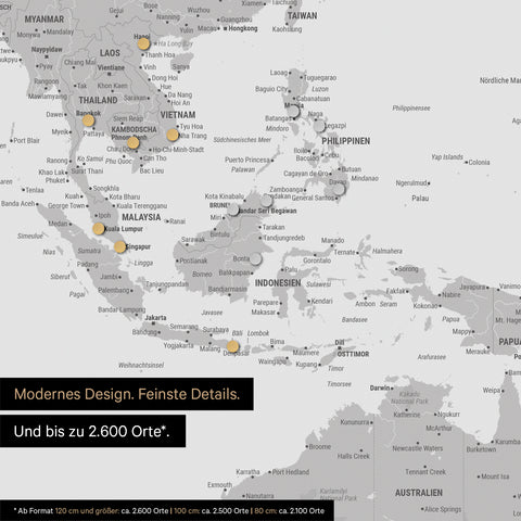 Détail d'une carte du monde magnétique en gris clair montrant la carte de l'Asie, sur laquelle des aimants marquent des destinations de voyage