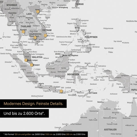 Détail d'une carte du monde magnétique multicolore gris montrant la carte de l'Asie, où des aimants marquent des destinations de voyage