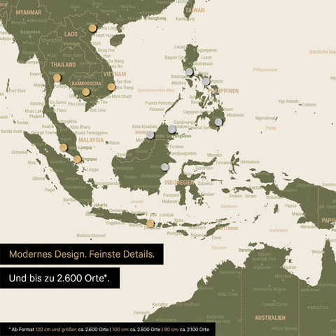 Extrait d'une carte du monde magnétique en vert olive montrant la carte de l'Asie, sur laquelle des aimants marquent des destinations de voyage