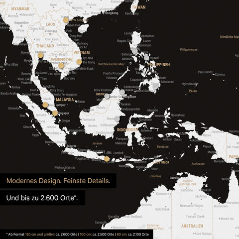 Détail d'une carte du monde magnétique en noir et blanc montrant la carte de l'Asie, sur laquelle des aimants marquent des destinations de voyage
