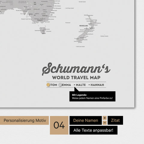 Magnetische Weltkarte in Hellgrau mit Personalisierung als Logo mit Familiennamen