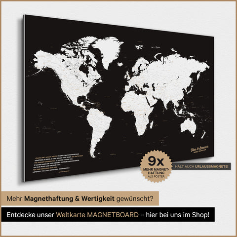 Carte du monde TRAVEL® Poster magnétique – Noir foncé (Noir et blanc)