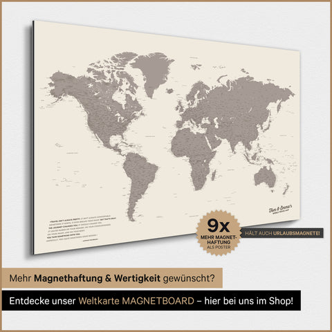 Carte du monde TRAVEL® Poster magnétique – Warmgray (Gris brun)