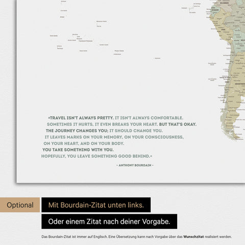 Carte du monde en couleur multicolore Sage avec une citation imprimée d'Anthony Bourdain, qui peut être remplacée par n'importe quelle autre citation lors d'une personnalisation