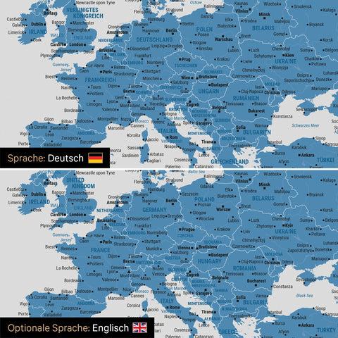 Vergleich einer Weltkarte Leinwand in Blau in deutscher oder optional in englischer Sprache