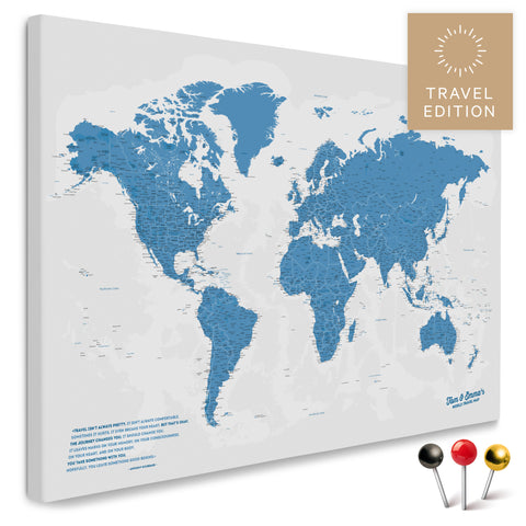 Carte du monde de haute qualité en bleu en tant que toile à épingler, parfaite pour marquer et planifier des voyages, acheter