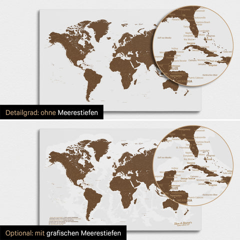 Weltkarte in Braun mit zweidimensionalen Meerestiefen