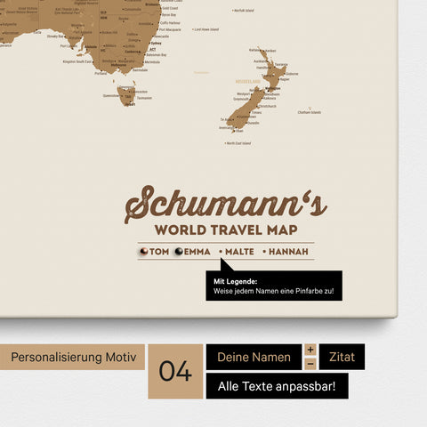Pinnwand Leinwand einer Weltkarte in Bronze mit Personalisierung als Logo mit Familiennamen und Legende