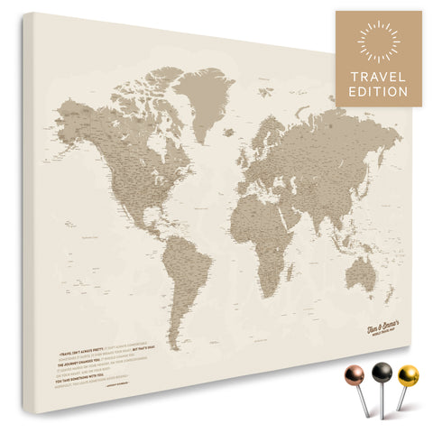 Carte du monde de haute qualité en sable désert (beige) en toile à punaiser, parfaite pour marquer et planifier des voyages, acheter
