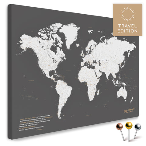 Carte du monde de haute qualité en gris foncé en tant que toile à épingler, parfaite pour marquer et planifier des voyages, acheter
