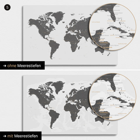 Carte du monde en gris clair avec profondeurs marines bidimensionnelles