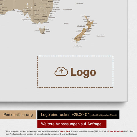World map as a Push Pin Map in olive green, on which a company logo can be printed and further customizations can be made as special orders