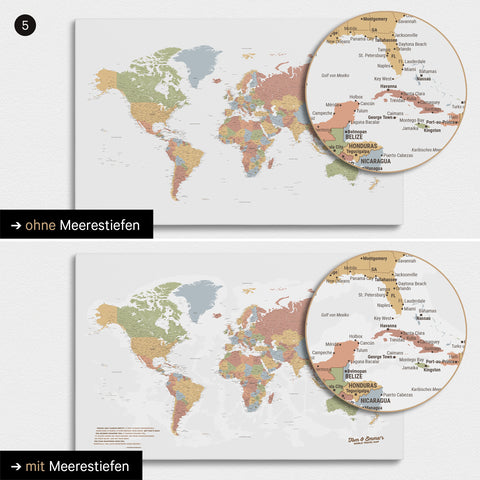 Carte du monde en multicolore Sienne avec profondeurs marines bidimensionnelles