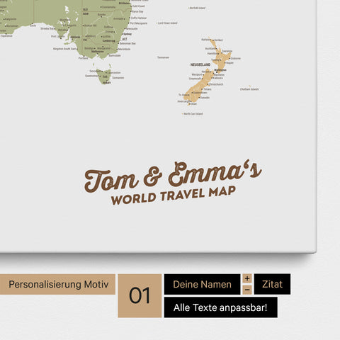 Carte du monde en tableau d'affichage toile multicolore Sienne avec personnalisation et impression de vos noms