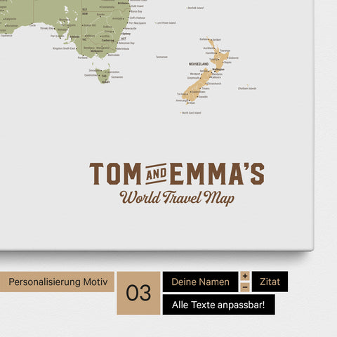 Personnalisation d'un tableau d'affichage carte du monde en multicolore Sienne avec un logo au style vintage, où les noms et le sous-titre « World Travel Map » peuvent être modifiés