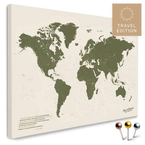 Carte du monde de haute qualité en vert olive en tant que toile à épingler, parfaite pour marquer et planifier des voyages, acheter