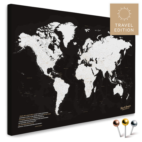 Carte du monde en noir et blanc de haute qualité en tant que toile à épingler, parfaite pour marquer et planifier des voyages, acheter