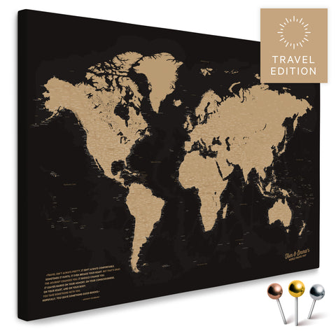 Carte du monde de haute qualité en Sonar Black (noir et or) en tant que toile à épingler, parfaite pour marquer et planifier des voyages, acheter