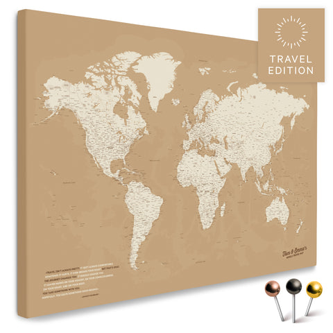 Carte du monde de haute qualité en Treasure Gold en tant que toile à épingler, parfaite pour marquer et planifier des voyages, acheter