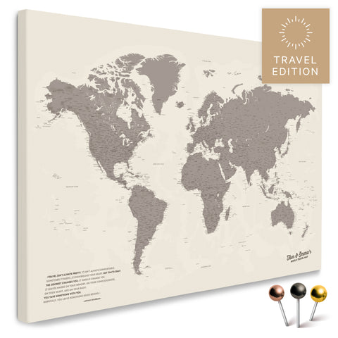 Carte du monde de haute qualité en Warmgray (brun-gris) en tant que toile à épingler, parfaite pour marquer et planifier des voyages, acheter