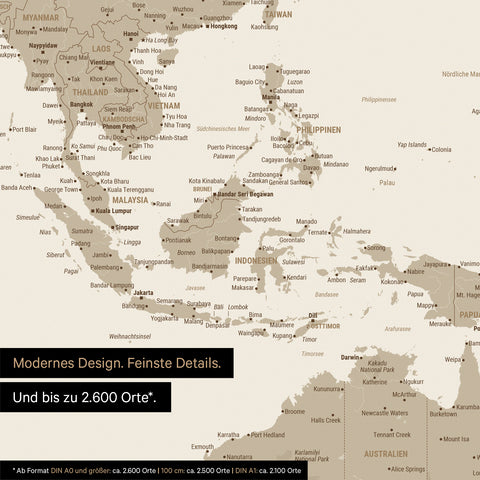 Extrait d'une affiche de carte du monde en sable désertique (beige) montrant des cartes de l'Asie