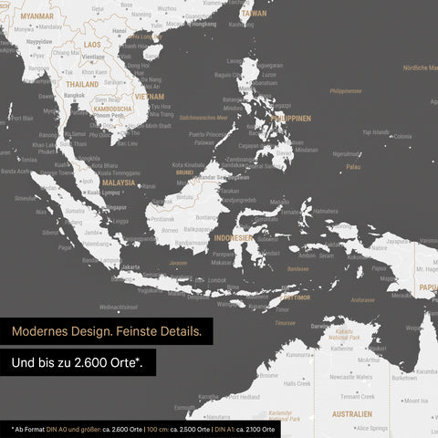 Extrait d'une affiche de carte du monde en gris foncé montrant des cartes de l'Asie