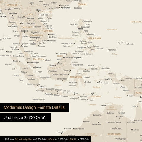 Extrait d'une affiche de carte du monde en or montrant des cartes de l'Asie