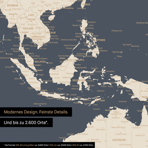 Extrait d'une affiche de carte du monde en Hale Navy (bleu marine foncé et or) montrant des cartes de l'Asie