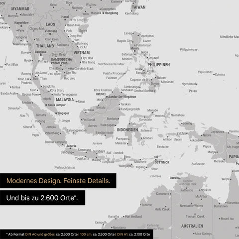 Extrait d'une affiche de carte du monde en gris clair montrant des cartes de l'Asie