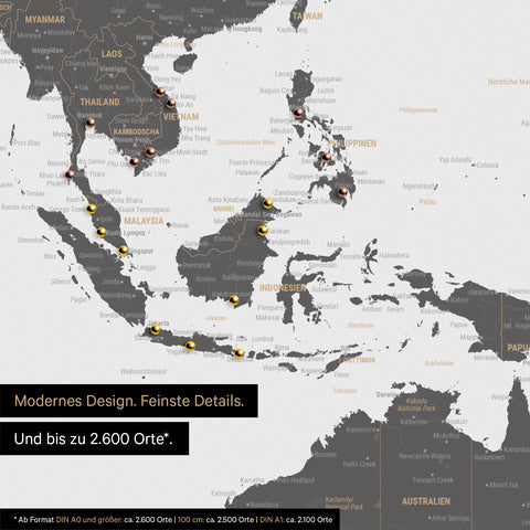Extrait d'une affiche de carte du monde en gris clair montrant des cartes de l'Asie