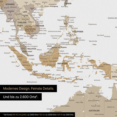Extrait d'une affiche de carte du monde multicolore beige montrant des cartes de l'Asie