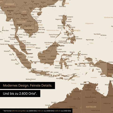 Extrait d'une affiche de carte du monde multicolore marron montrant des cartes de l'Asie