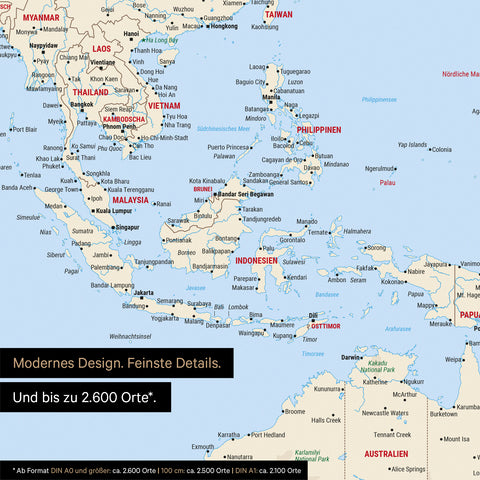 Extrait d'une affiche de carte du monde en multicolore classique montrant des cartes de l'Asie