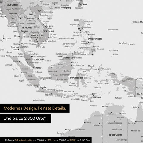 Extrait d'une affiche de carte du monde en multicolore gris montrant des cartes de l'Asie