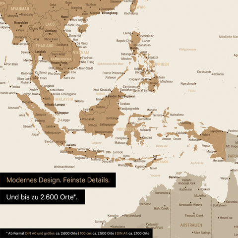 Extrait d'une affiche de carte du monde multicolore mate montrant des cartes de l'Asie
