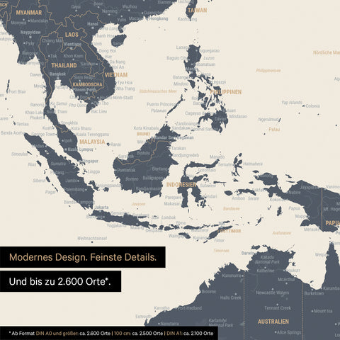 Extrait d'une affiche de carte du monde en bleu marine clair montrant des cartes de l'Asie
