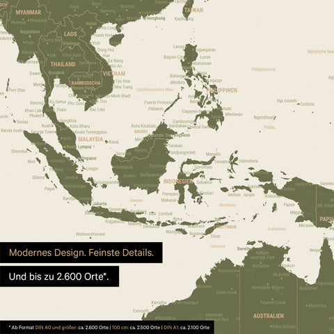 Extrait d'une affiche de carte du monde en vert olive montrant des cartes de l'Asie