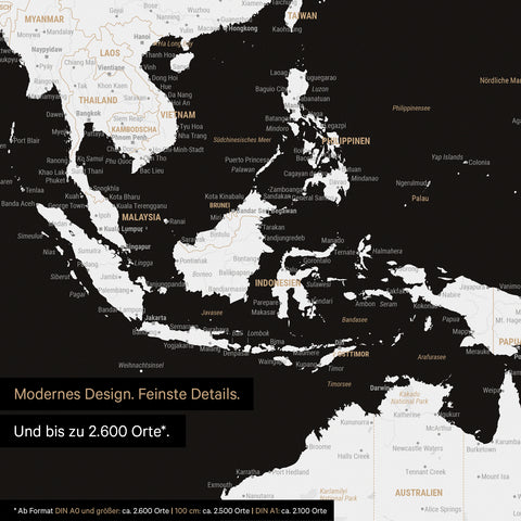 Extrait d'une affiche de carte du monde en noir et blanc montrant des cartes de l'Asie