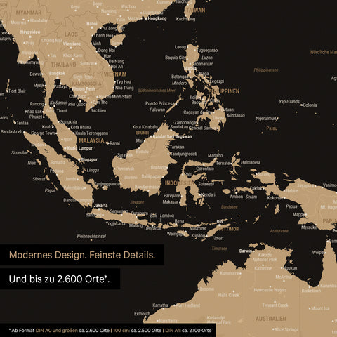 Extrait d'une affiche de carte du monde en Sonar Black (noir et or) montrant des cartes de l'Asie