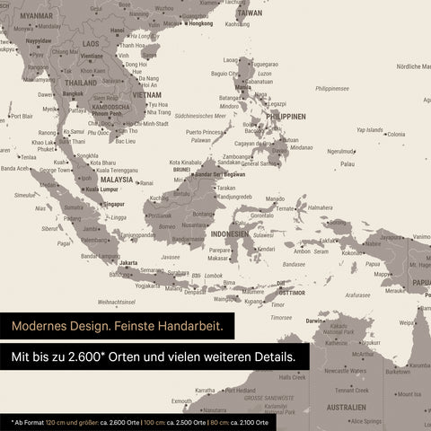 Extrait d'une affiche de carte du monde en Warmgray (brun-gris) montrant des cartes de l'Asie