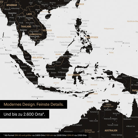 Extrait d'une affiche de carte du monde en noir clair montrant des cartes de l'Asie