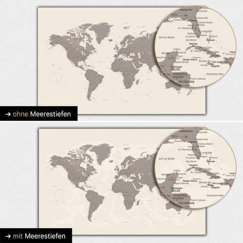 Carte du monde en couleur Warmgray (brun-gris) avec profondeurs marines bidimensionnelles
