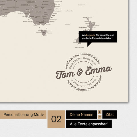 Motif alternatif pour une personnalisation avec ton nom sur une carte du monde en couleur Warmgray (brun-gris)