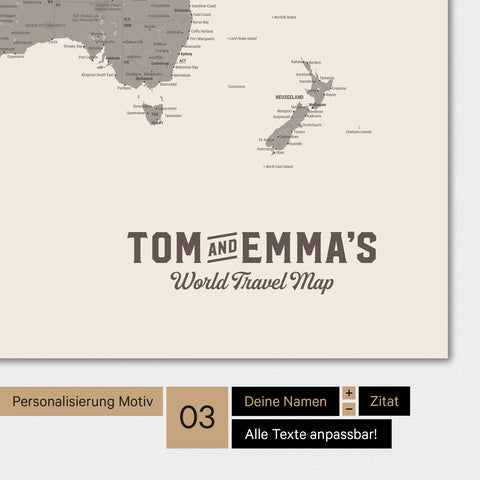 Carte du monde en couleur Warmgray (brun-gris) avec un logo vintage comme personnalisation moderne