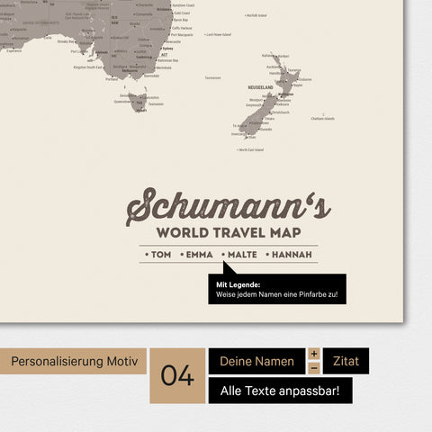 Carte du monde en couleur Warmgray (brun-gris) avec personnalisation en tant que logo familial