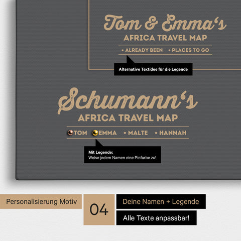 Pinnwand Leinwand einer Afrika-Karte in Dunkelgrau mit Personalisierung als Logo mit Familiennamen und Legende