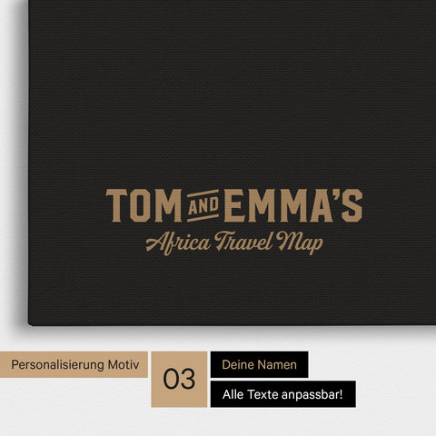 Personalisierung einer Afrika-Karte Pinnwand in Sonar Black (Schwarz-Gold) mit einem Logo im Vintage-Look