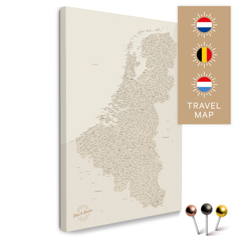 Benelux-Landkarte mit Niederlande, Belgien und Luxemburg in der Farbe Gold in einem modernen, minimalistischem Design als Leinwand zum Pinnen von Reisen und Orten