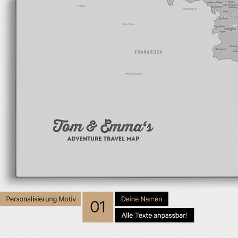 Landkarte von Niederlande, Belgien und Luxemburg als Pinnwand Leinwand in Coolgray mit Personalisierung und Namen in einer modernen Schreibschrift