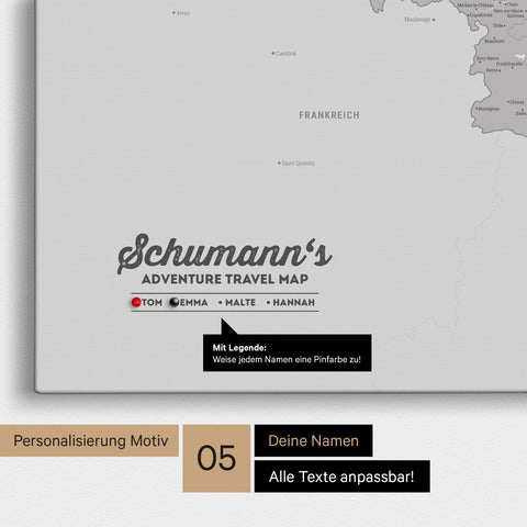 Benelux-Karte Pinn-Leinwand in Coolgray mit Personalisierung als rundes Logo, das eine Legende für bereits besuchte Reiseziele im Rundtext beinhaltet